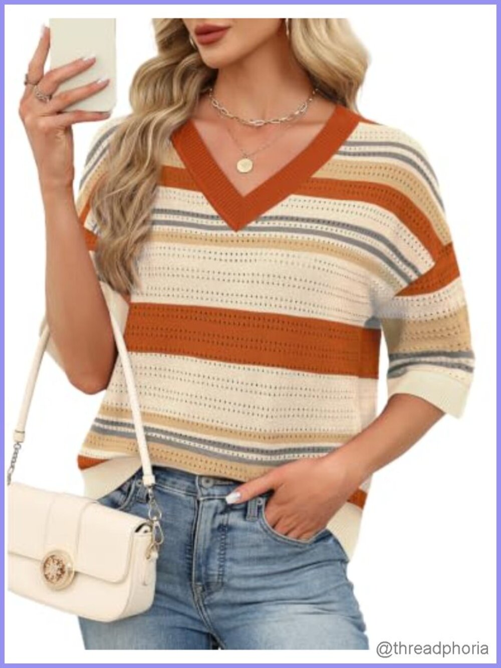 Oversized 3/4 Sleeve Knit Crochet Pullover Sweater